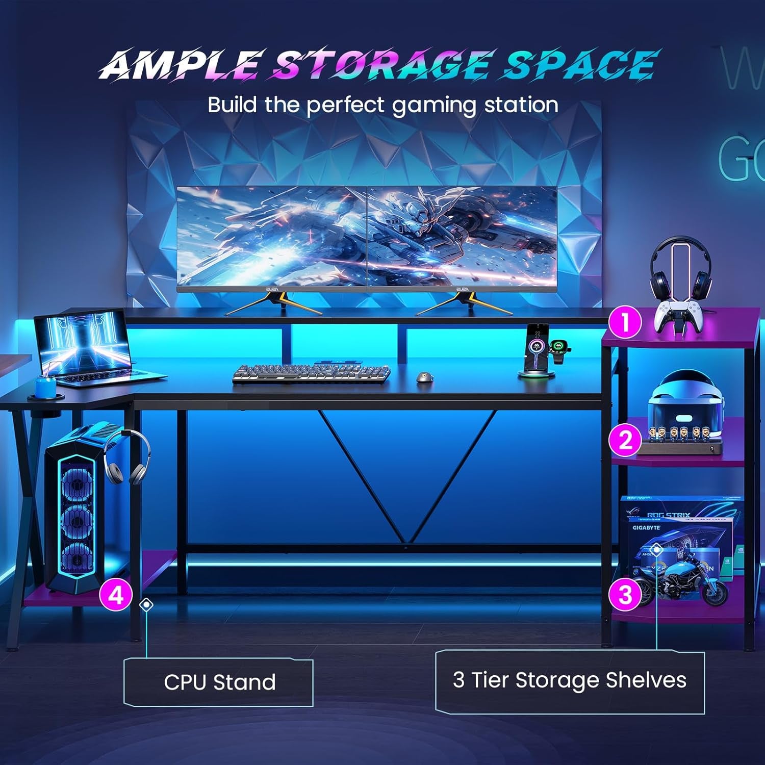 Gaming Desk 70.8'' with LED Lights and Storage Shelves, Computer Desk with Monitor Stand, Power Outlets and Cup Holder, Large PC Gamer Desk, Gaming Table for Bedroom, Living Room, Black