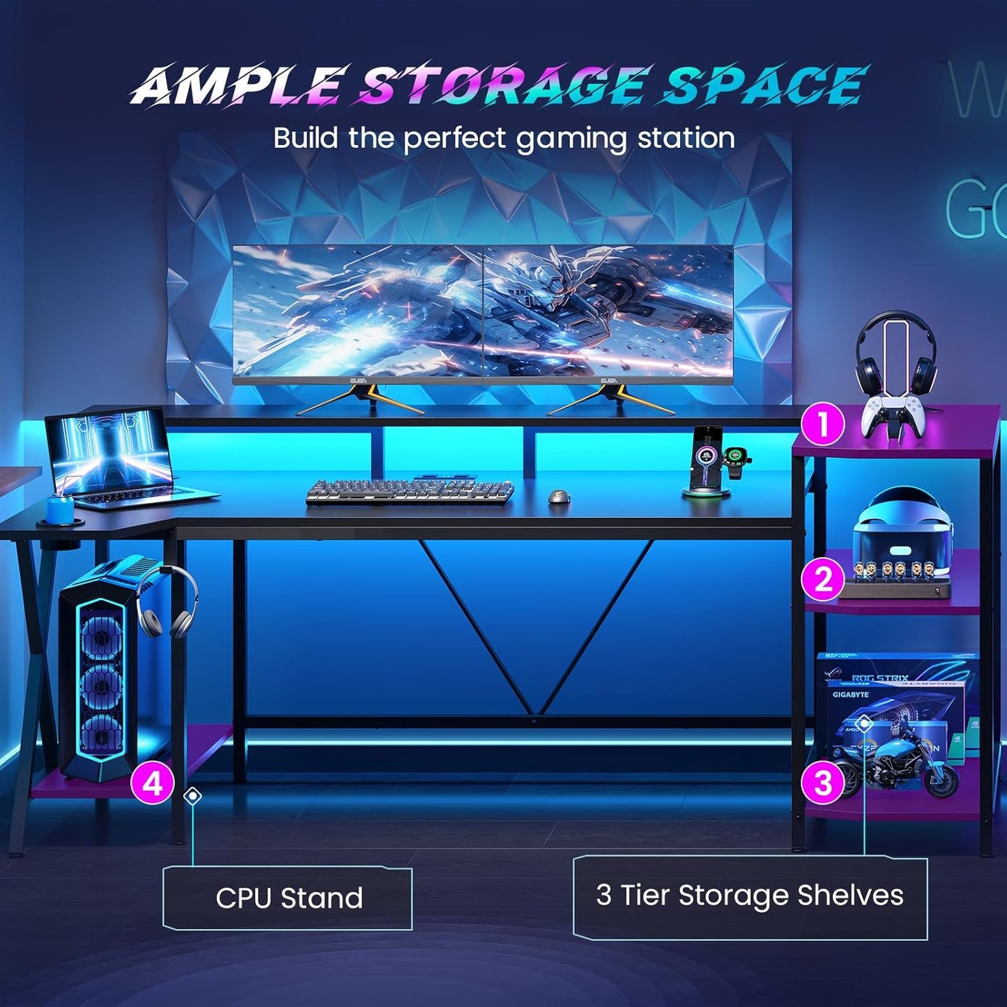 Gaming Desk 70.8'' with LED Lights and Storage Shelves, Computer Desk with Monitor Stand, Power Outlets and Cup Holder, Large PC Gamer Desk, Gaming Table for Bedroom, Living Room, Black