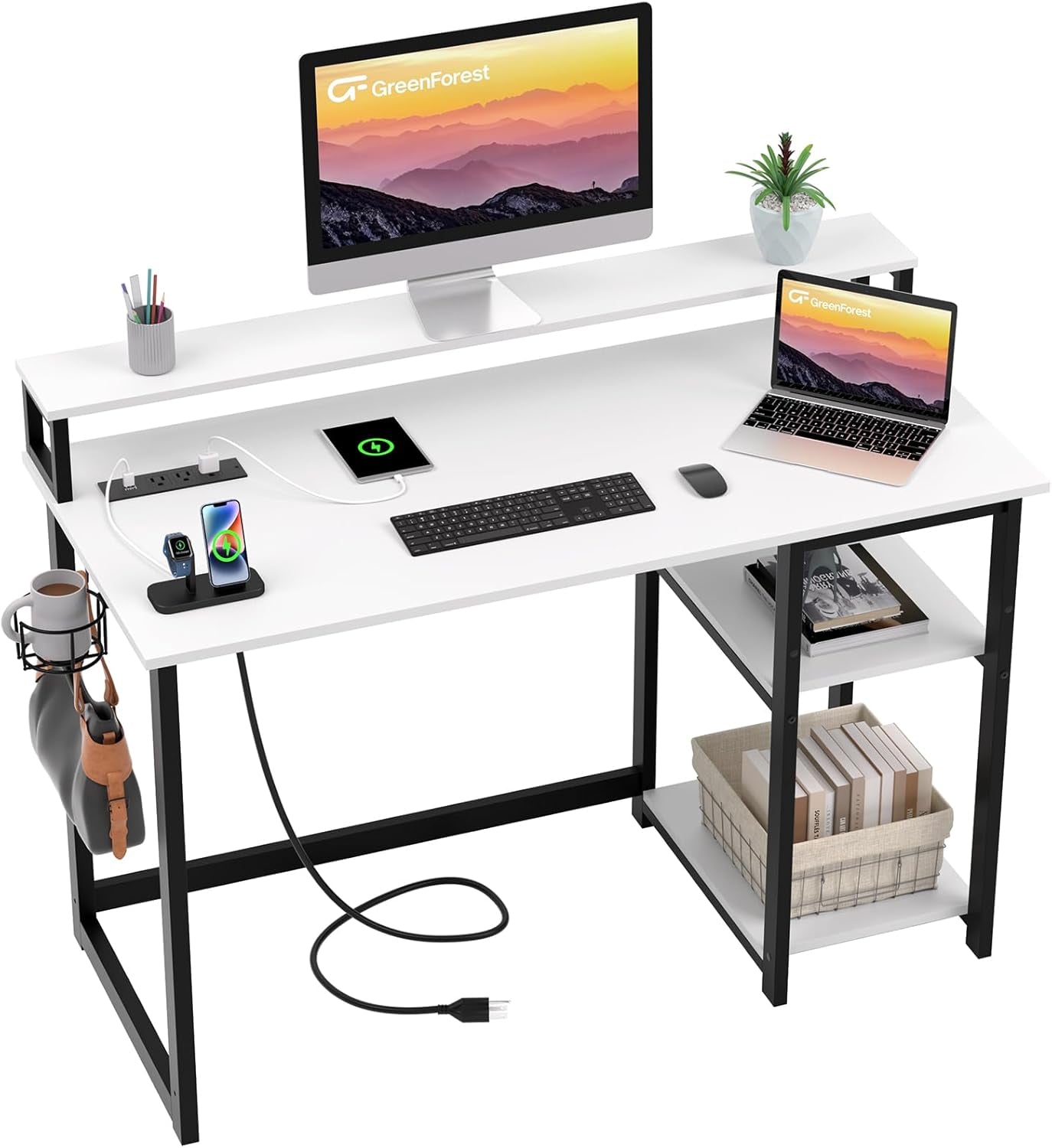 40 Inch Home Office Desk with Power Outlets, Small Computer Desk with Ergonomic Monitor Stand, Reversible Gaming Desk, Modern Study Desk, Laptop Desk, White