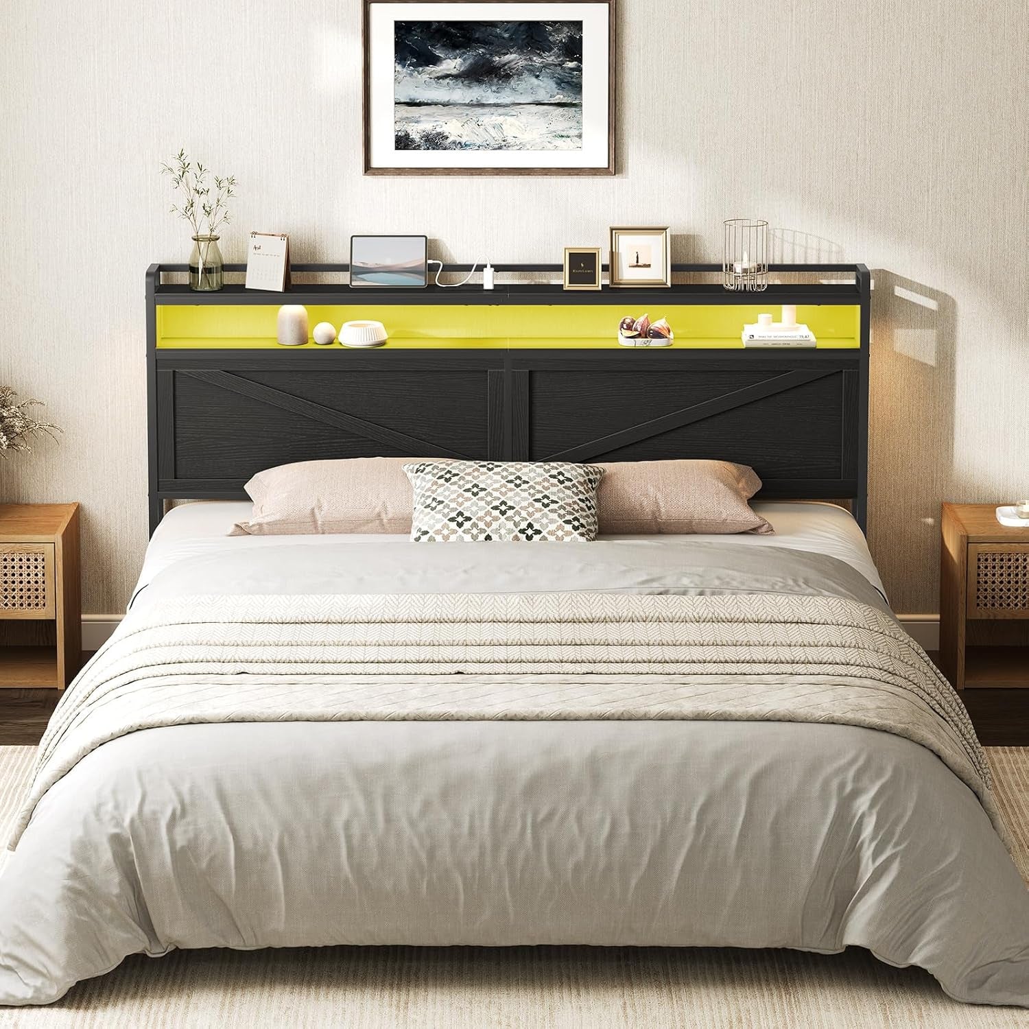 King Size Headboard, Headboard with Charging Station and LED Light Strip, 2-Tier Storage Head Board with Outlets and USB Ports, Industrial Style, for King Size Beds, Black