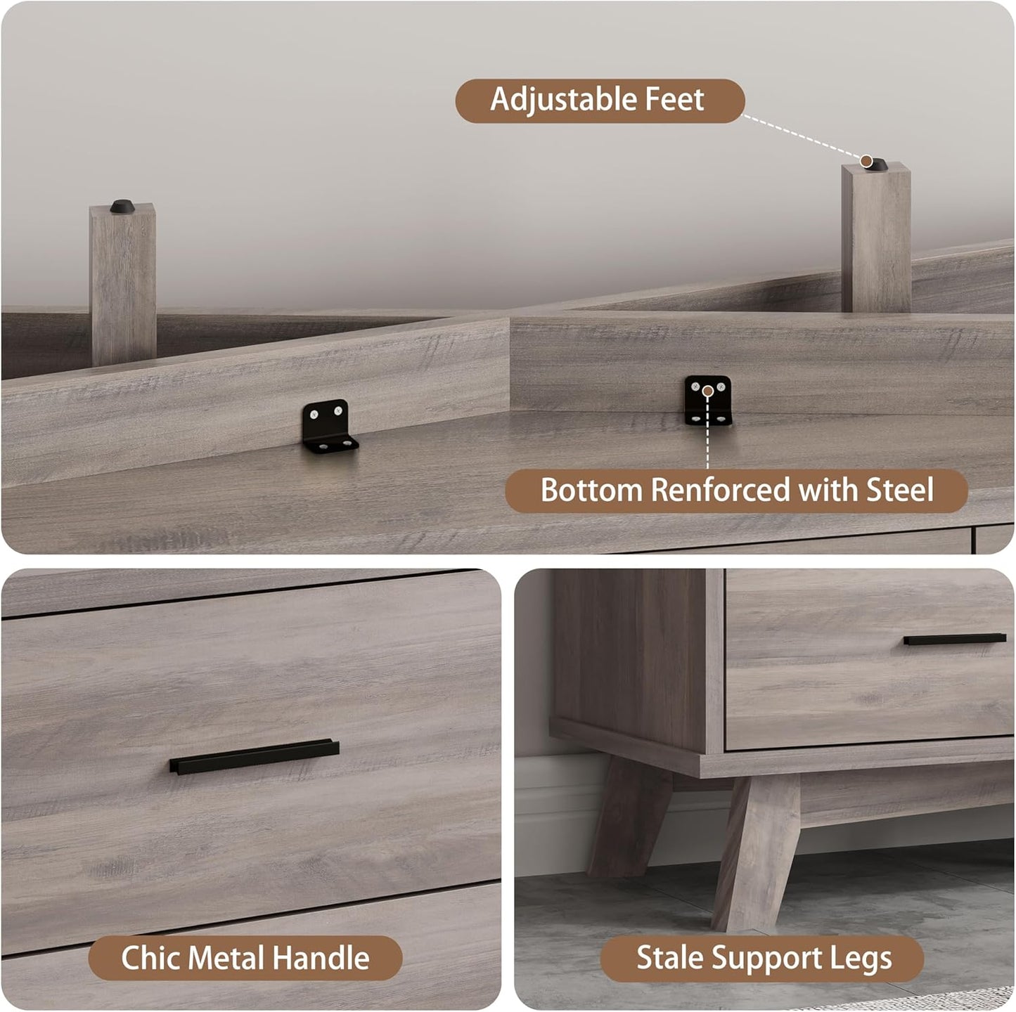 Dresser for Bedroom, 9 Drawer Wide Modern Chest of Drawers with X-Shaped Sturdy Base, Wood Double Dresser Closet Clothes Storage Organizer, Wooden TV Stand for Living Room, Hallway, Grey