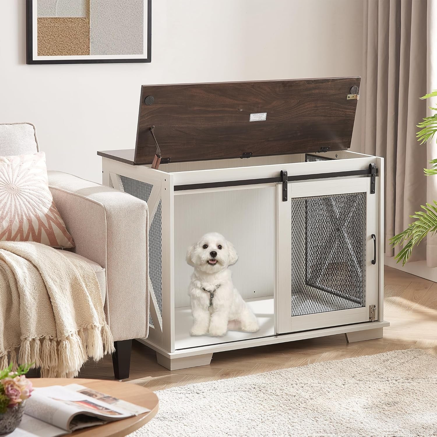 Dog Crate Furniture, Dog Kennel End Table Dog Kennel Indoor with Sliding Barn Door Heavy Duty Dog Cage XL Dog Crate Side Table with Flip-Top Plate and Detachable Divider for Medium, Large Dog