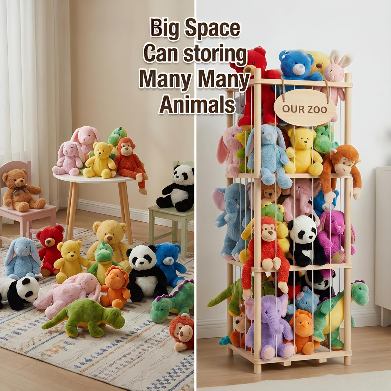 Stuffed Animal Storage Organizer - Thick Wooden Toy Zoo for Playroom & Bedroom, Large Plushies Holder with Cute Jail Cage Design, Plush Toy Display Tower Shelf (Large)