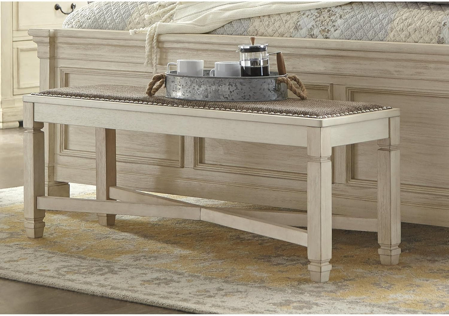 Bolanburg French Country Upholstered Dining Room Bench, Antique White