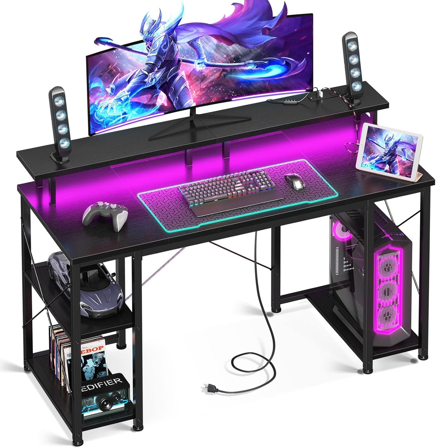 48 Inch Gaming Desk with LED Lights & Power Outlets, Computer Desk with Monitor Stand & Storage Sheves, CPU Stand, Home Office Desk, Black