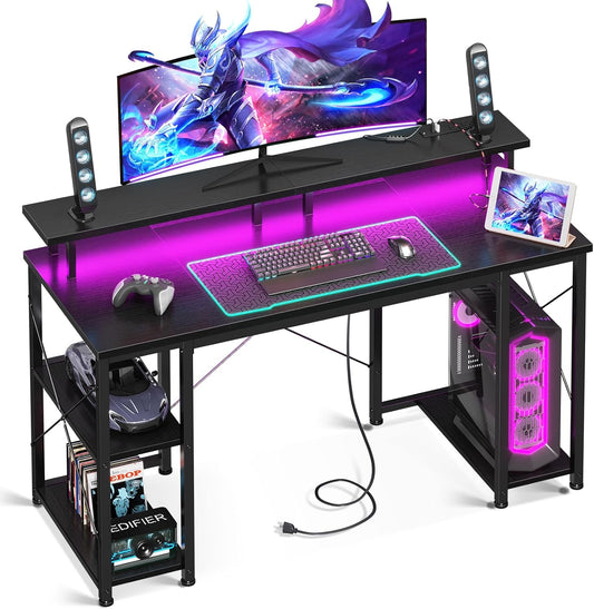 48 Inch Gaming Desk with LED Lights & Power Outlets, Computer Desk with Monitor Stand & Storage Sheves, CPU Stand, Home Office Desk, Black