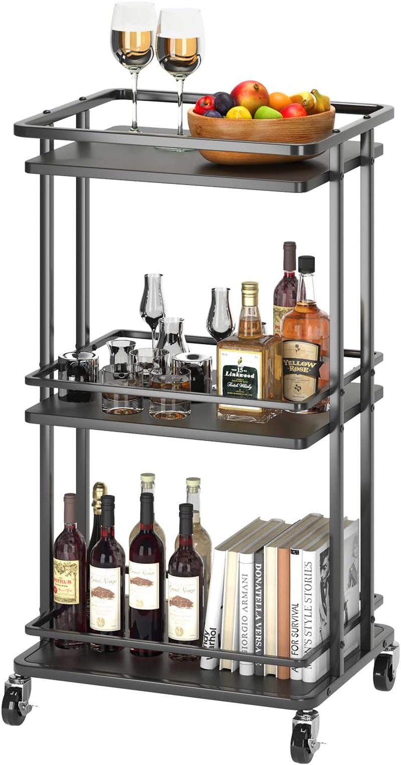 3-Tier Rolling Serving Bar Cart, Wood and Metal Kitchen Island Storage Cart with Wheels, Multifunction Utility Cart Storage Rack for Home, Kitchen, Bar, Dinning Room, Living Room (Black)