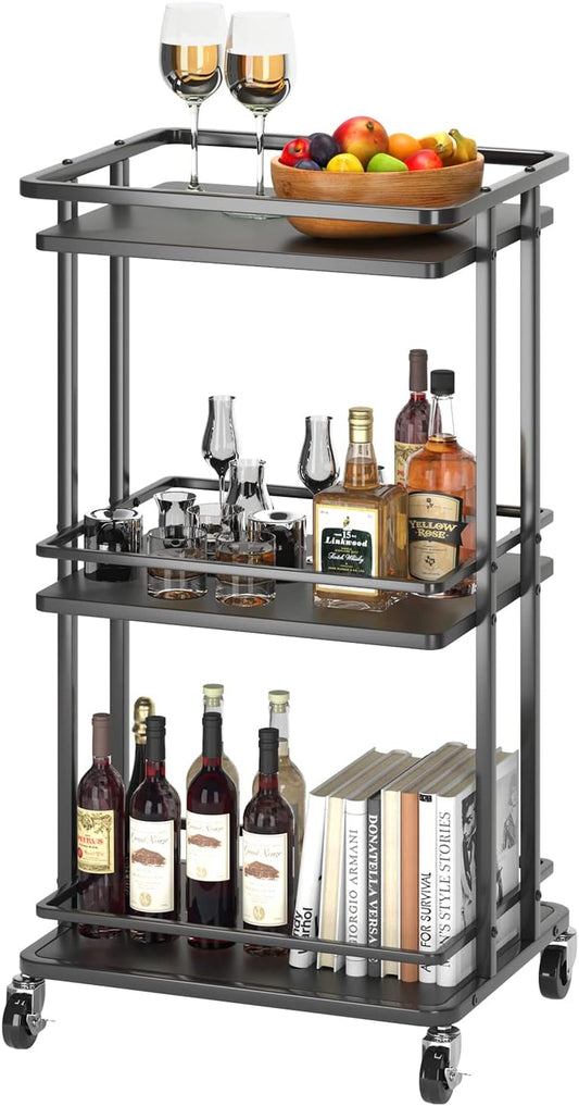 3-Tier Rolling Serving Bar Cart, Wood and Metal Kitchen Island Storage Cart with Wheels, Multifunction Utility Cart Storage Rack for Home, Kitchen, Bar, Dinning Room, Living Room (Black)