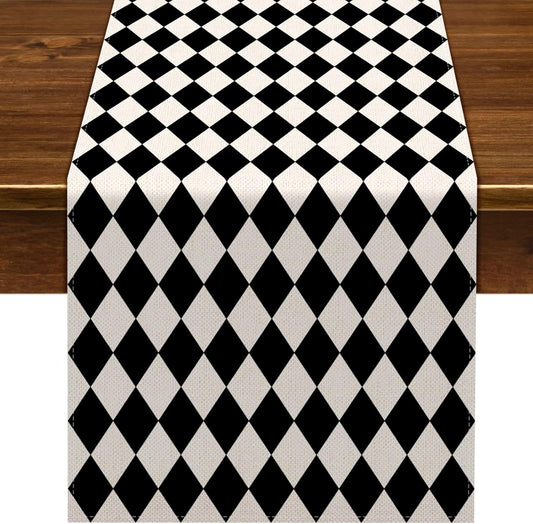 Black White Diamond Table Runner Tea Themed Party Decoration Picnic Holiday Harlequin Checkered Table Cover for Kitchen Dining Room 72Inches Long