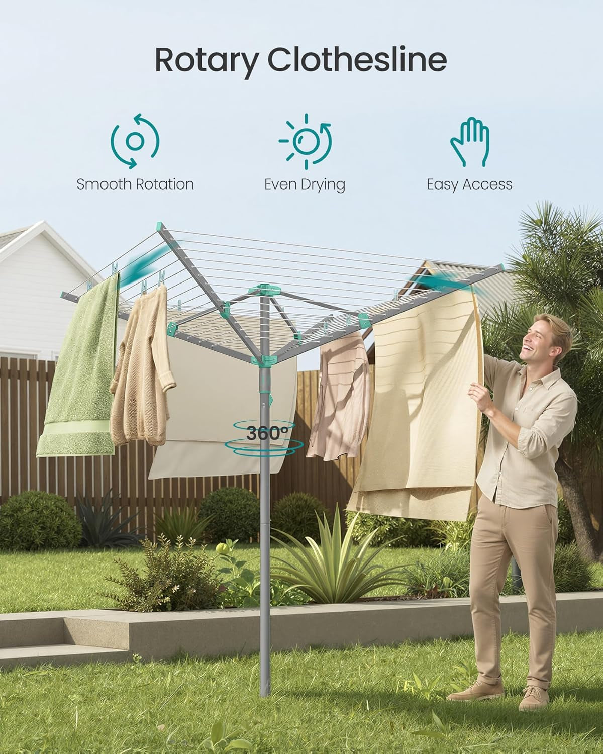 Umbrella Clothesline, Rotary Washing Line, Foldable Heavy-Duty Outdoor Clothes Drying Rack with Clips, Cover, Ground Anchor, 164 Ft (50 M) Long for 5 Loads of Laundry, Silver ULLR307EZ01