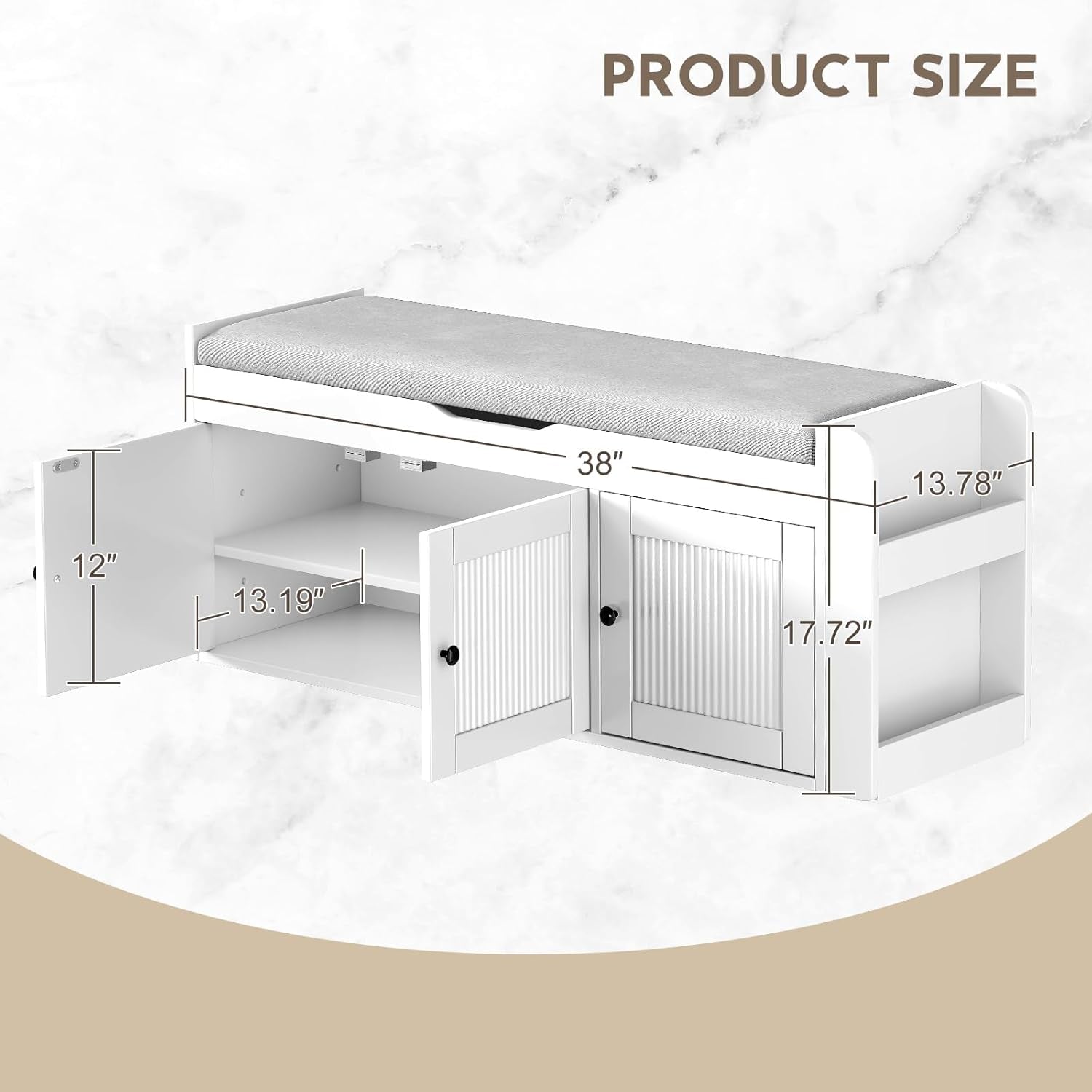 42.6" Storage Bench - Entryway Shoe Bench with Side Storage Shelves and 3 Doors, Multifunctional Entryway Bench with Lift Top Cushion, Shoe Storage Bench for Bedroom, Living Room, White