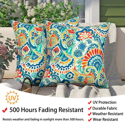 Patio Pillow Covers ONLY 18"X18", Set of 2, Fade-Resistant Outdoor Indoor Cushion Cases Decorative Throw Pillowcase Shell for Couch Garden Furniture -Paisley Multi