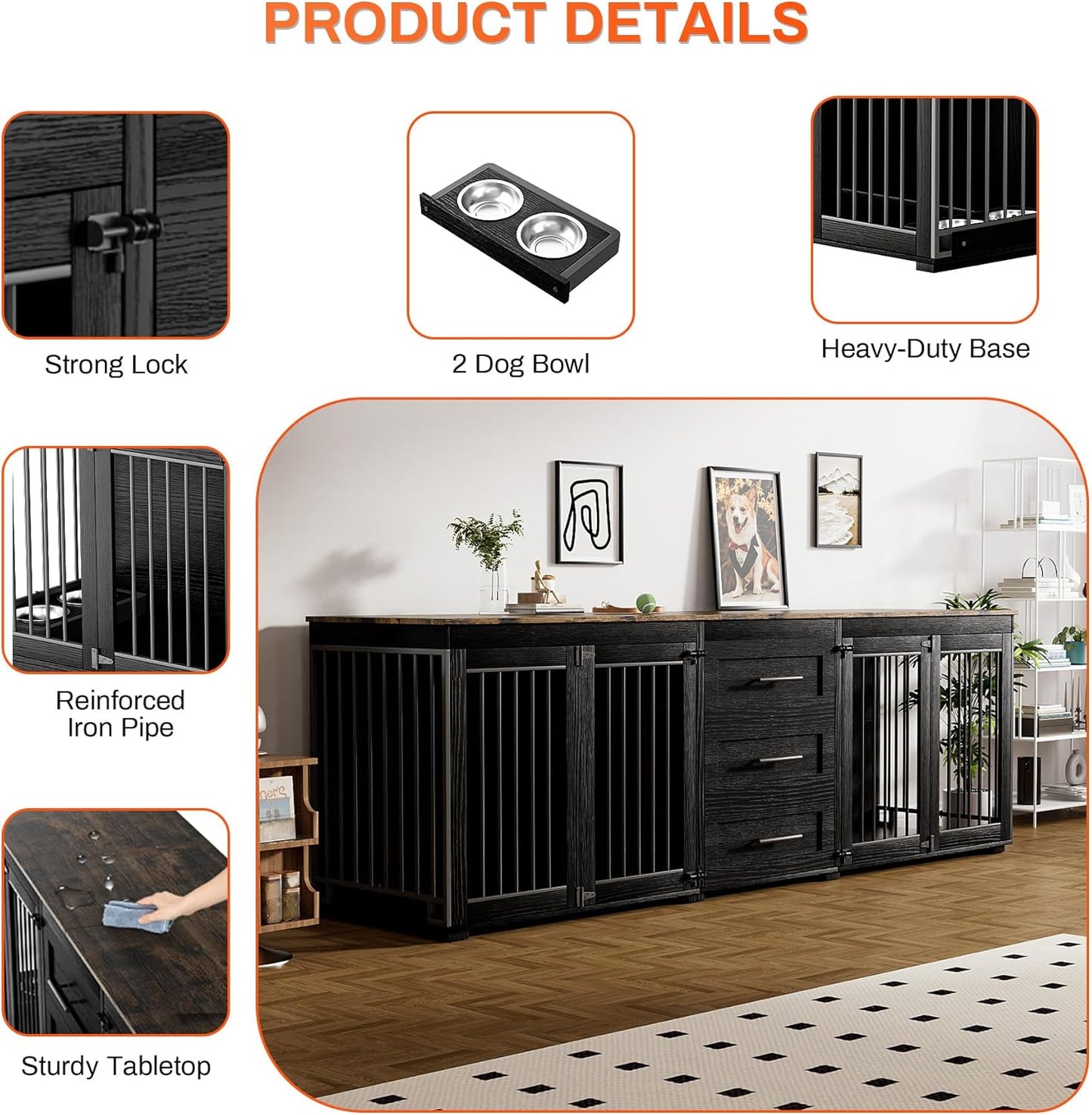 94.5" Dog Crate Furniture for 2 Dogs, Large Dog Kennel Furniture with 3 Storage Drawer, Wooden Dog Cage with 4 Bowls, Indoor Dog House TV Stand with Locks for Large Medium Dog, Black