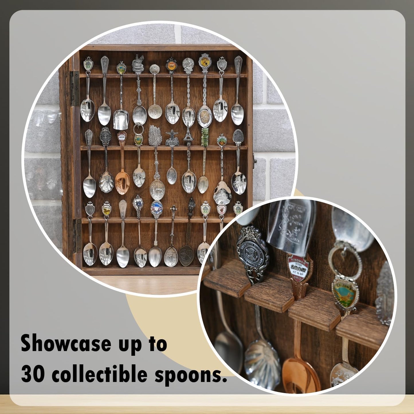 Wooden 30-Souvenir Spoon Display Case Cabinet, Wall-Mounted Tea Spoon Rack with Tempered Glass Door Suitable for Collection Display, Brown Color, 13.4W X 2.6D X 15.7H In