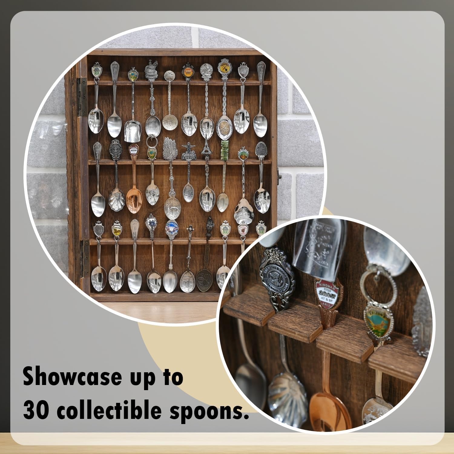 Wooden 30-Souvenir Spoon Display Case Cabinet, Wall-Mounted Tea Spoon Rack with Tempered Glass Door Suitable for Collection Display, Brown Color, 13.4W X 2.6D X 15.7H In