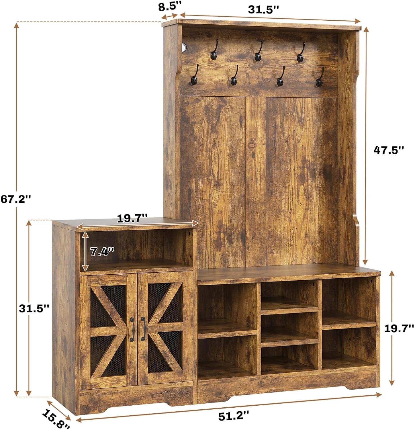 Hall Tree with Bench and Shoe Storage, Entryway Table, Entryway Furniture, 10 Compartments & 8 Double Hooks, Barn Door & Adjustable Shelf, Rustic Brown