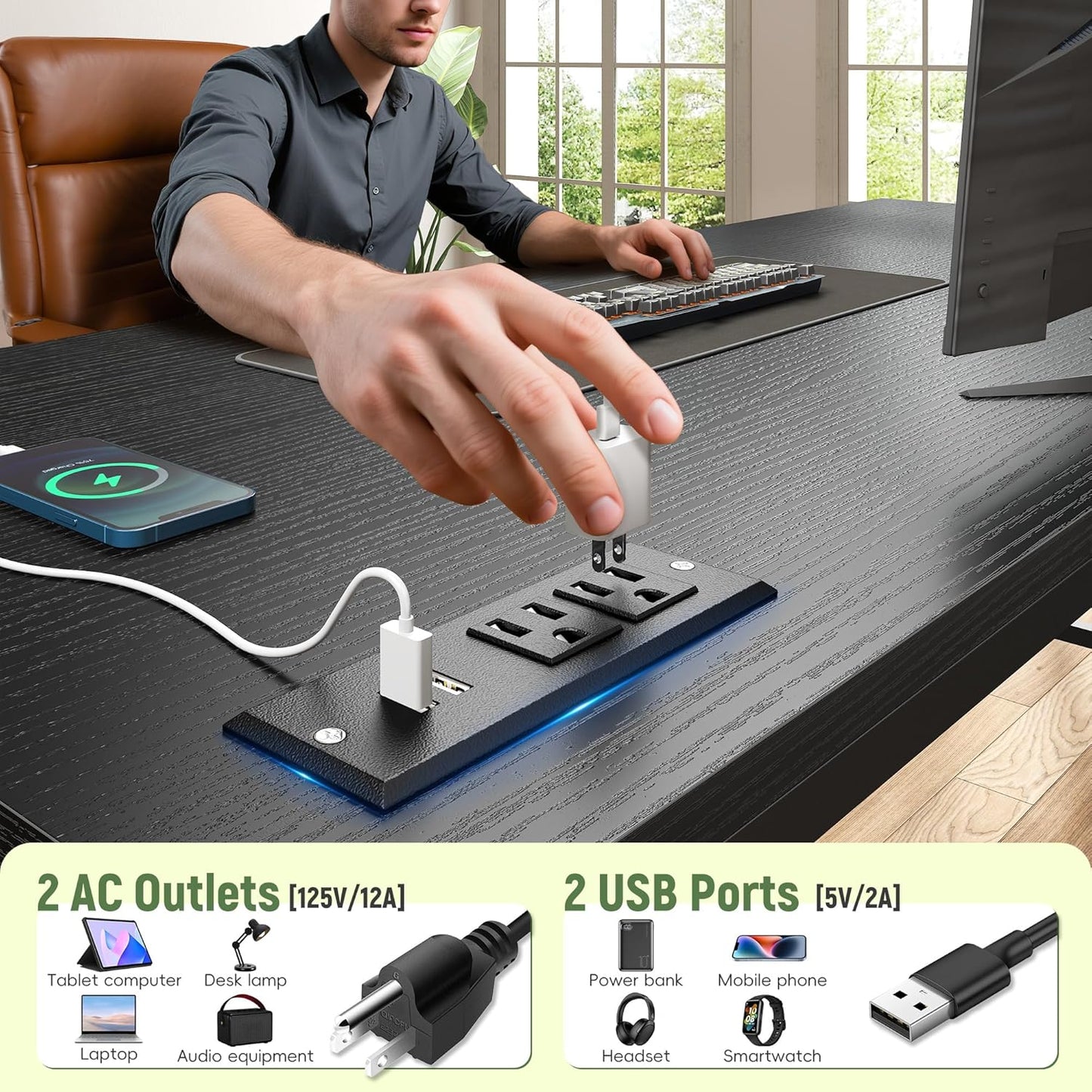 39.3" Gaming Desk with Power Outlet and LED Lights,Computer Desk with Adjutable Monitor Stand and Drawer,Office Desk with CPU Stand for Home Work,Study and Gaming, Small Spaces,Black