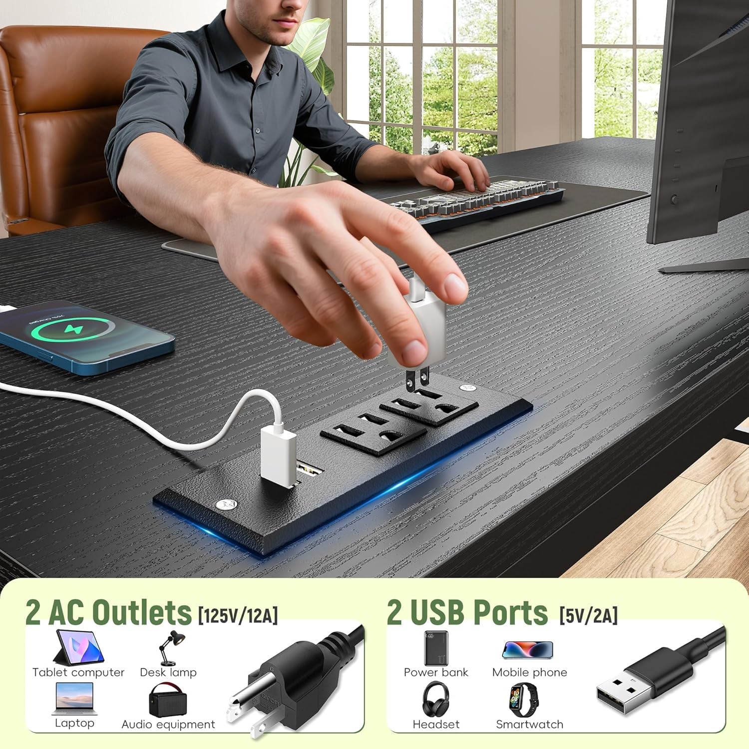 39.3" Gaming Desk with Power Outlet and LED Lights,Computer Desk with Adjutable Monitor Stand and Drawer,Office Desk with CPU Stand for Home Work,Study and Gaming, Small Spaces,Black