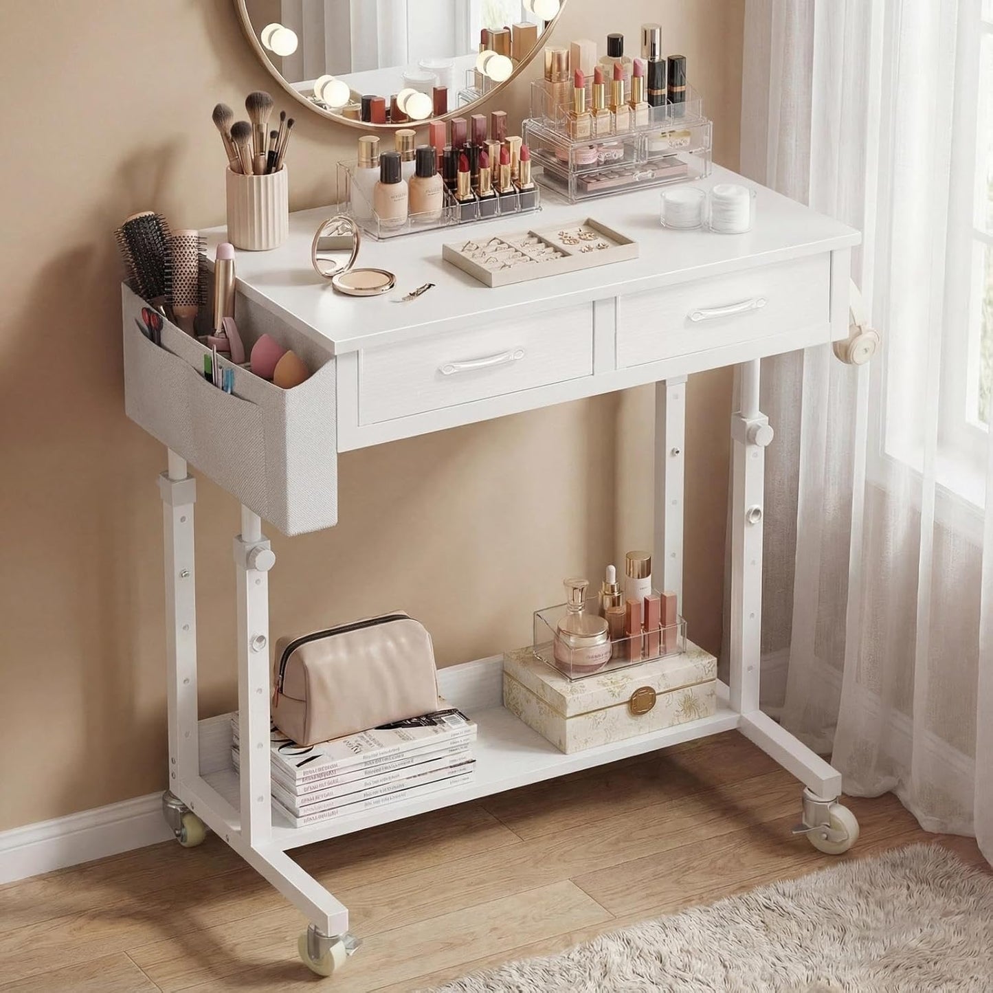 Small White Portable Adjustable Rolling Kids Desk with Drawers & Storage Shelf, 32 Inch Mobile Standing Vanity Desks with Wheels, Couch Sofa Side Laptop Craft Table for Bedroom Home Office