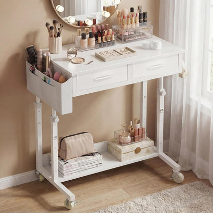 Small White Portable Adjustable Rolling Kids Desk with Drawers & Storage Shelf, 32 Inch Mobile Standing Vanity Desks with Wheels, Couch Sofa Side Laptop Craft Table for Bedroom Home Office