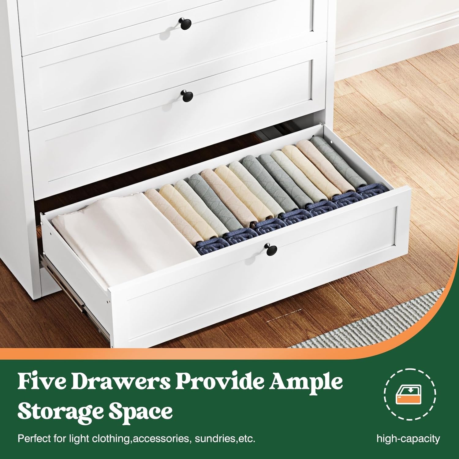 Tall White Dresser for Bedroom, 5 Drawer Metal Closet Dressers Chests, Modern Storage Organizer Unit, Large Storage Space Drawer Storage Cabinet for Bedroom, Entryway, Hallway