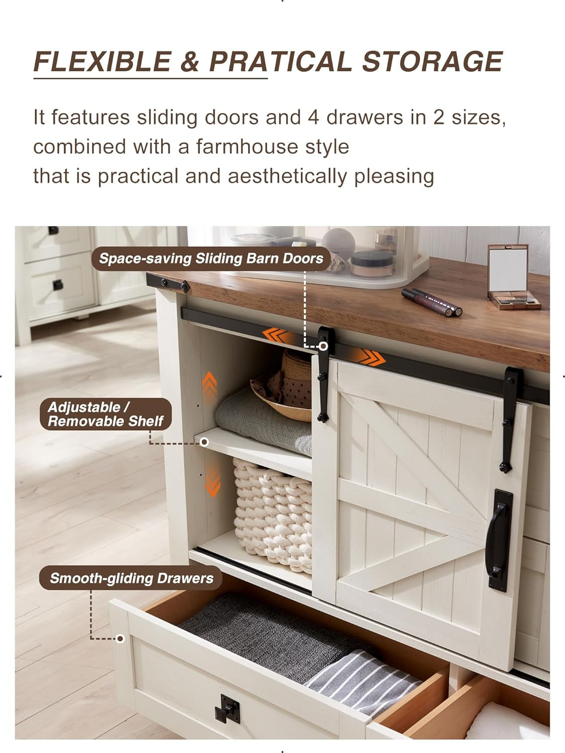 Farmhouse Dresser for Bedroom W/4 Drawers & Sliding Barn Doors, 48'' Wide Chest of Drawers, Rustic Dresser TV Stand W/Shelf, Organizer for Bedroom, Living Room, Entryway, Antique White