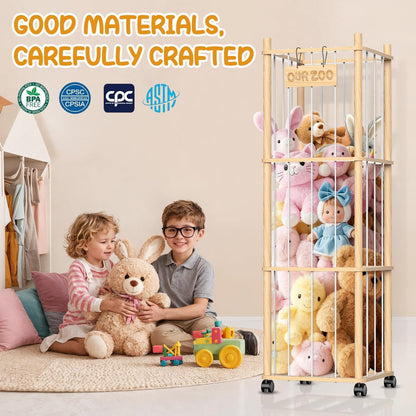 Stuffed Animal Storage & Holder, Natural Pine Wood Plushies Storage with Wheels, Large Capacity Stuffed Animal Zoo with Building Block Bag, Space save Toy Organizer for Nursery Playroom & Bedroom