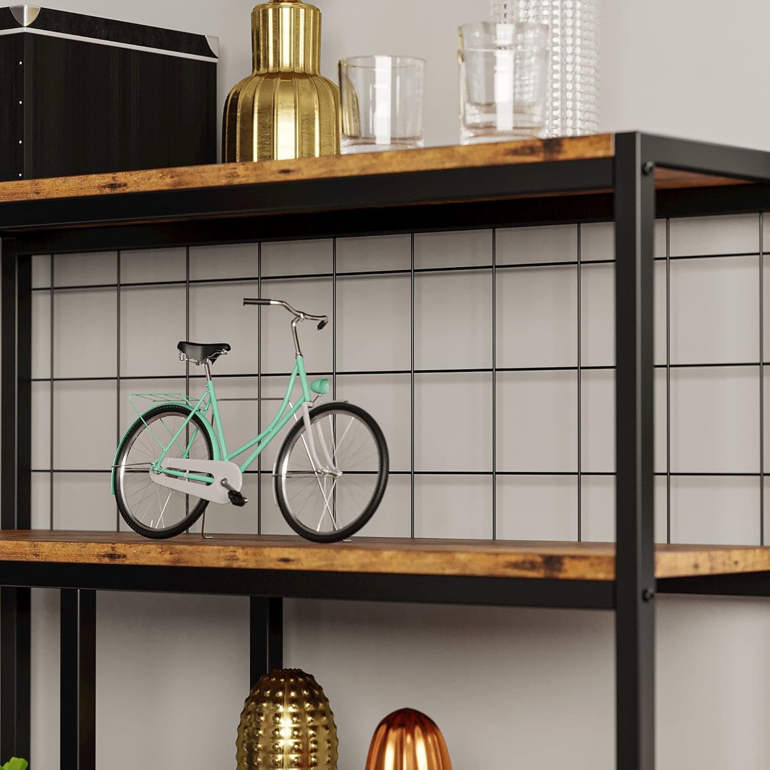 Bookshelves 6 Tiers, Industrial Etagere Heavy Duty Shelves for Living Rooom, Office Storage Geomeric Display Boocase, Vintage Brown