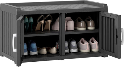 2-Tier Storage Bench, Waterproof Uv-Resistant Outdoor Shoe Storage Cabinet with 2 Doors & Adjustable Shelves for Indoor Outdoor Entryway, Hallway, Living Room (Black)