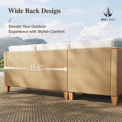 Small Patio Furniture Set, 3 Pieces Wicker Outdoor Sectional Sets,Yellow Rattan Conversation Set with Sofa and Coffee Table for Garden and Backyard, L Shape Boho Balcony Couch Sets