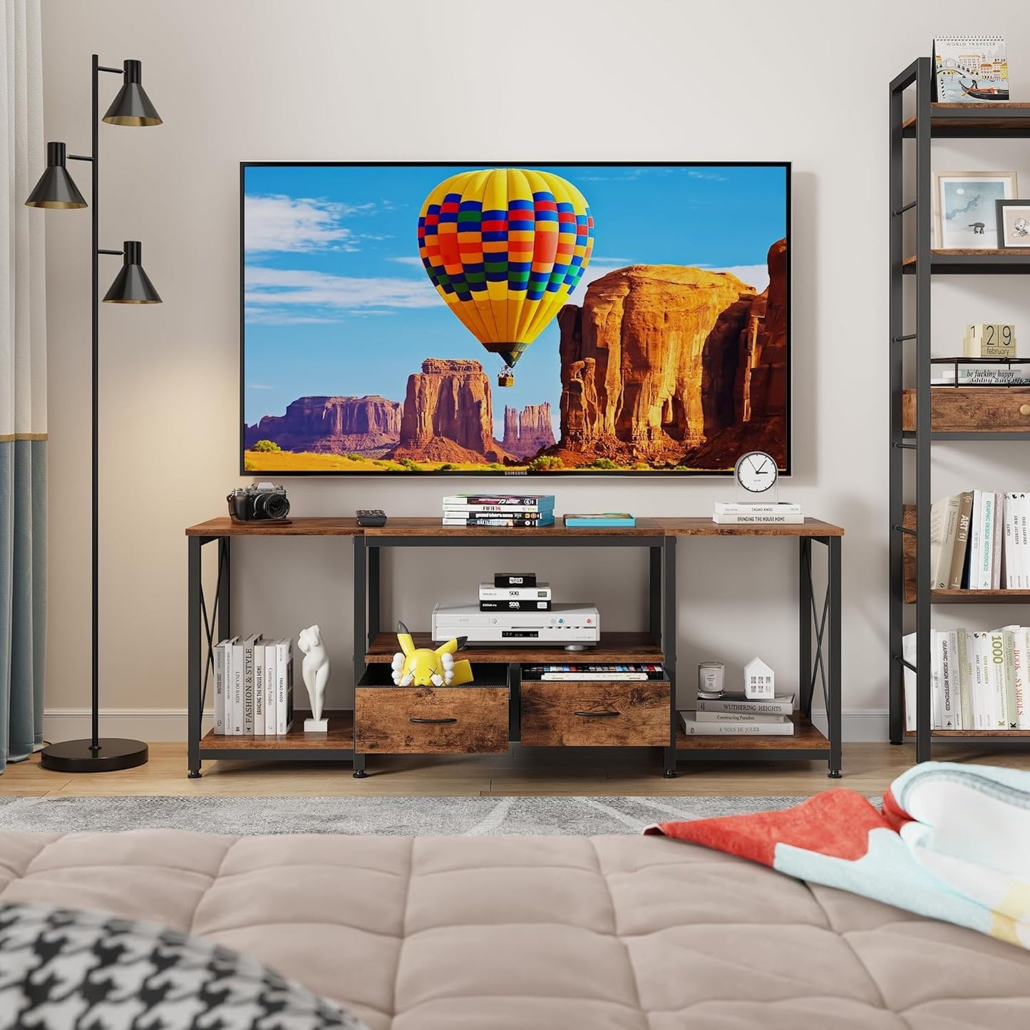 TV Stand with Fabric Drawers for 65 70 75 Inches TV - Entertainment Center and Industrial TV Console Table with Open Storage Shelves for Living Room, Bedroom - 63" Rustic Brown