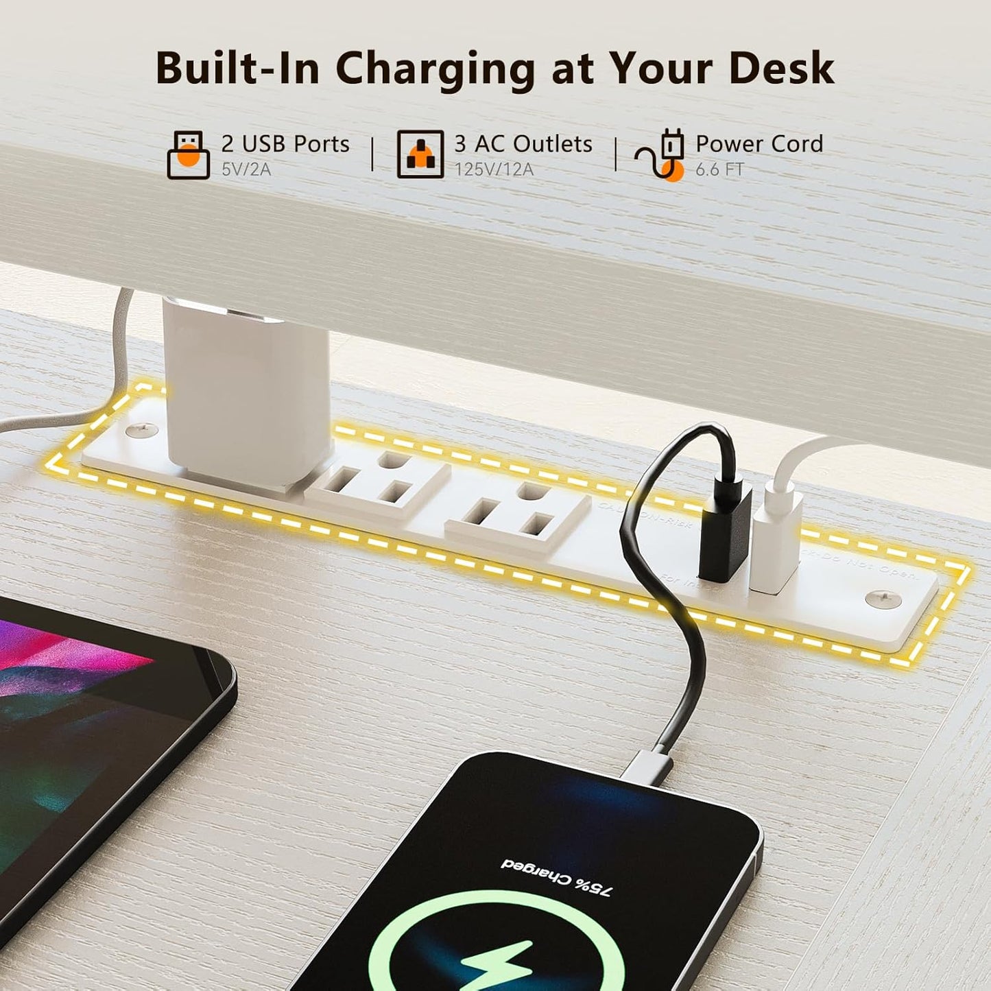 U Shaped Electric Standing Desk with Keyboard Tray, 55 Inch Height Adjustable Desk with Power Outlets & LED Lights, Sit Stand Table with Monitor Stand for Home, Office, White