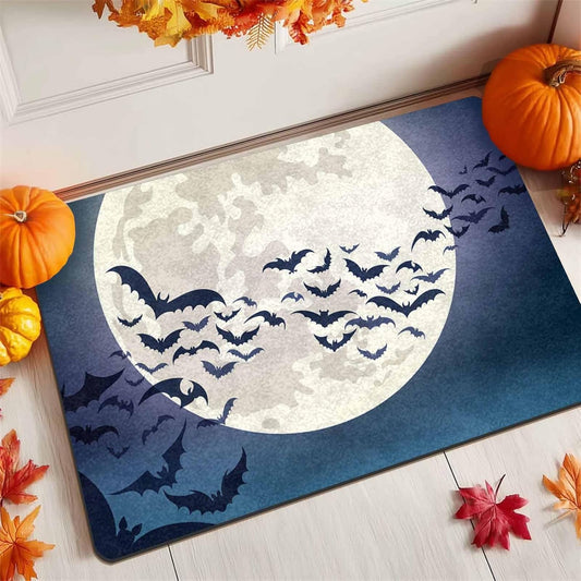 Halloween Welcome Mat Halloween Moon with Flying Bats Doormat Rubber Welcome Matt Waterproof Festival Carpet Door Mats for Front Door, 18" X 30"Inch