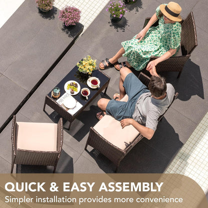4 Pieces Outdoor Patio Furniture Set, PE Rattan Wicker Chairs Balcony Lawn Porch Patio Furniture Sets with Beige Cushion and Table (Brown)