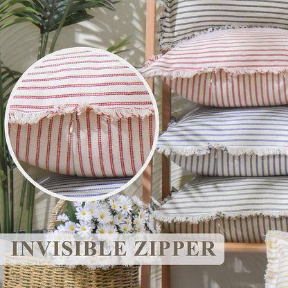 Throw Pillow Covers 18X18 Set of 2 Striped Pillow Covers with Fringe Chic Cotton Decorative Pillows Square Cushion Covers for Sofa Couch Bed Living Room Farmhouse Decor