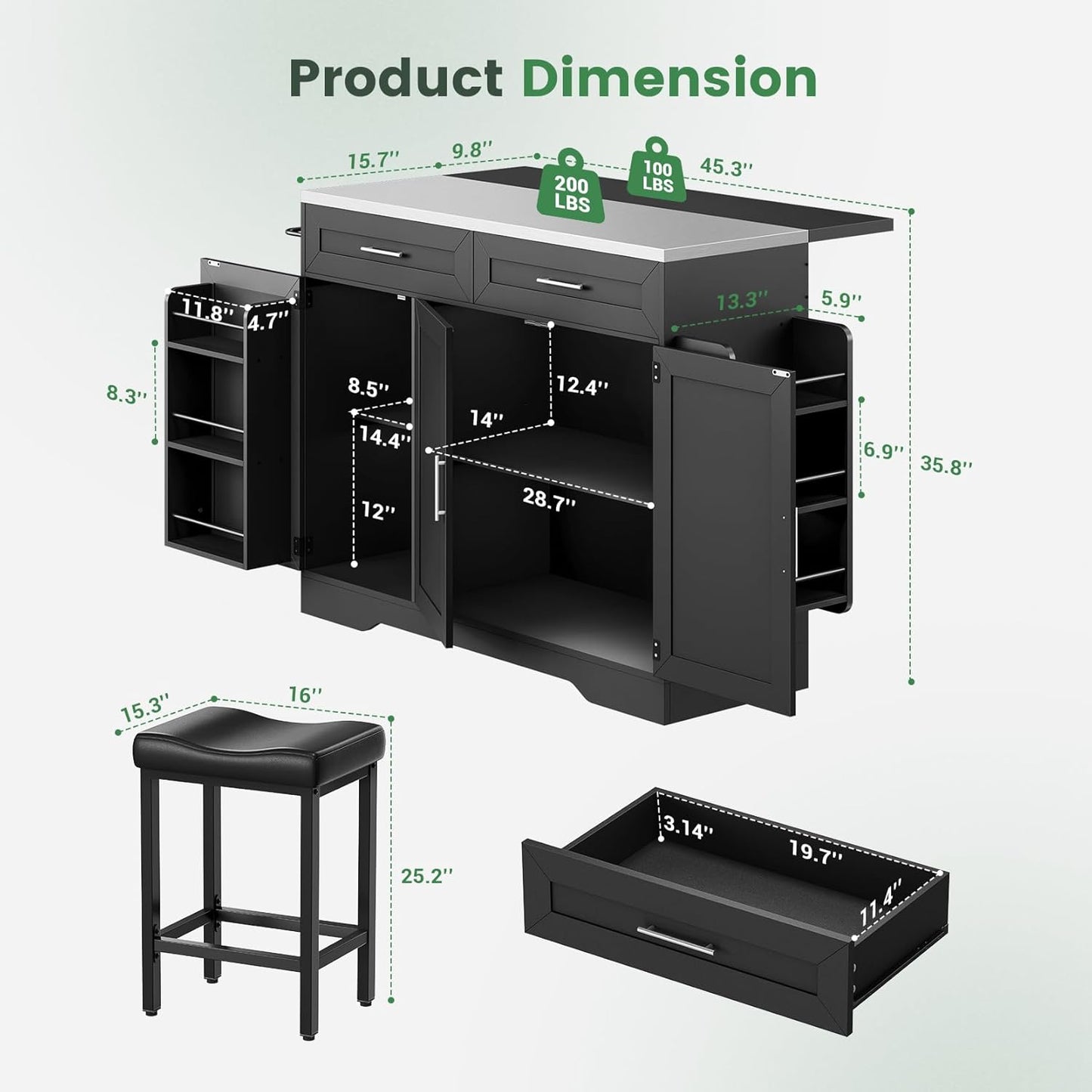 56'' Kitchen Island with Seating and Stainless Steel Countertop, Rolling Kitchen Island on Wheels with Folding Drop Leaf, Power Outlet, Spice/Towel Rack, Island Table Cart for Kitchen, Black