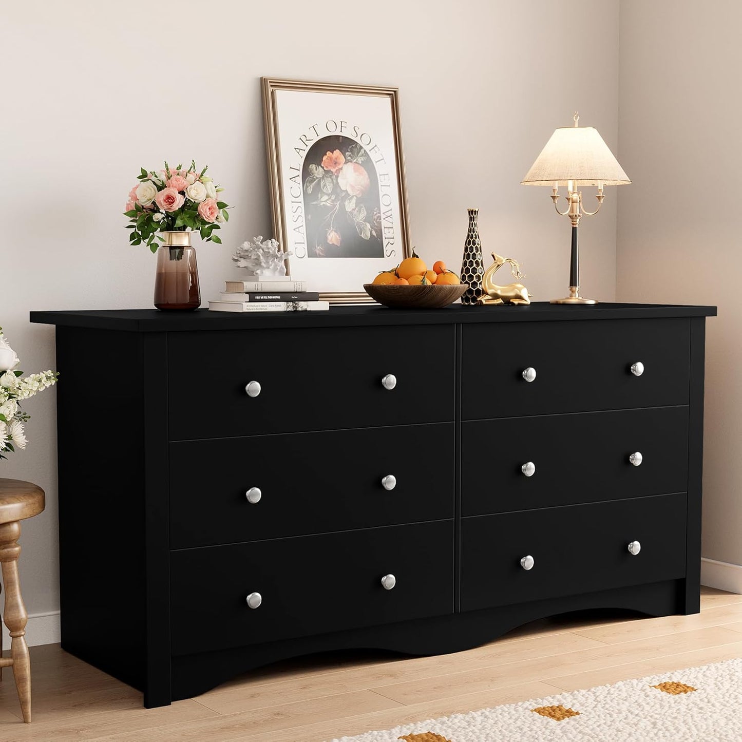 Wood Dresser for Bedroom, Wide Chest of Drawers with 6 Drawers,Storage Tower Unit, Modern Closet Store Organizer for Living Room, Hallway (Black)