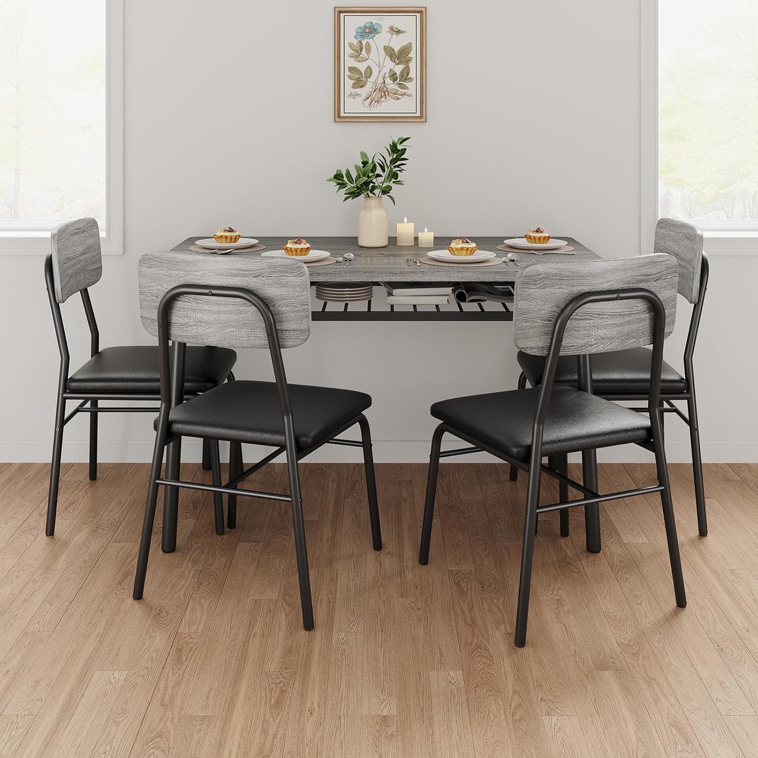 Dining Table Set for 4 with Storage Rack, 5-Piece Kitchen Table and Upholstered Chairs of 4, Wood Tabletop & Heavy-Duty Metel Frame, Dining Room Set for Small Space, Apartment, Gray