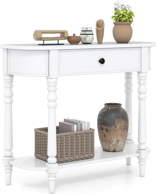 2-Tier Narrow Console Table, 36" White Entryway Table with Storage Drawer & Elegant Legs, Wooden Sofa Table with Open Shelf for Living Room, Foyer, Hallway, Bedroom, Entrance