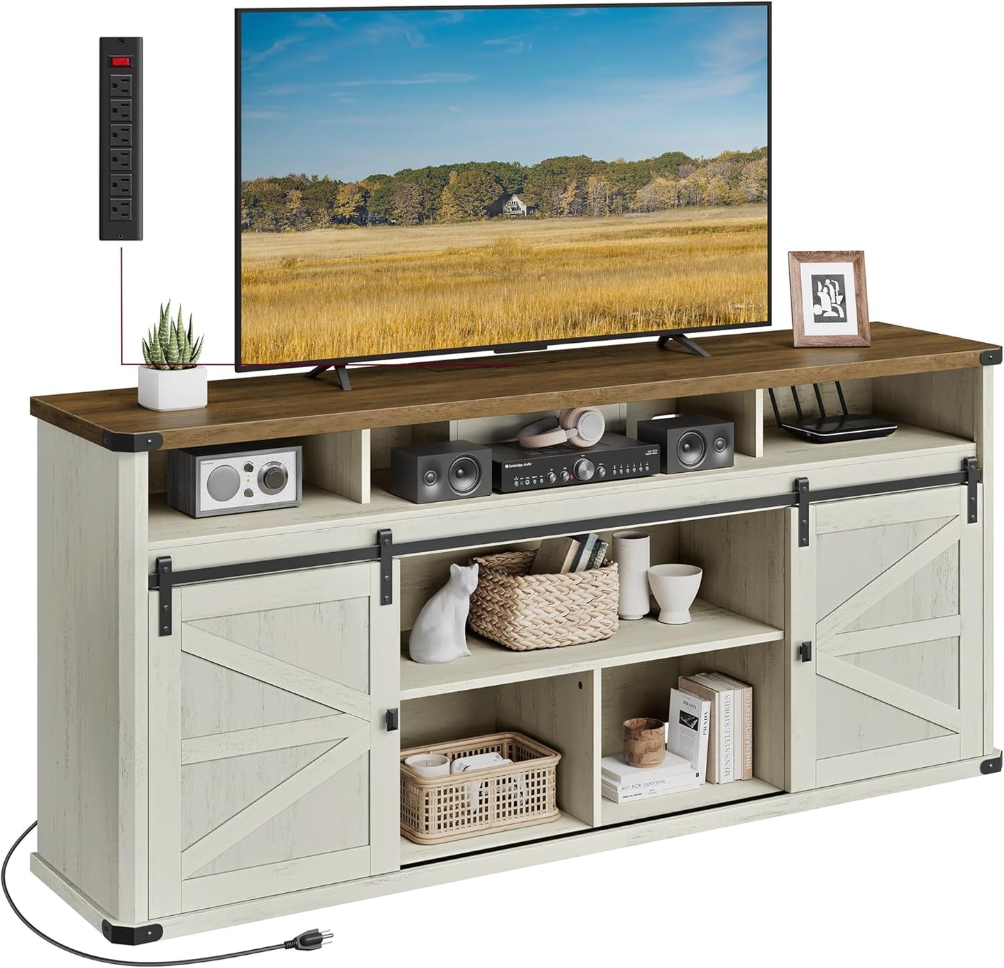 TV Stand for Tvs up to 75 Inches, Farmhouse Entertainment Center with Sliding Barn Doors, Console Table for Living Room, Rustic White and Honey Brown ULTV323W02