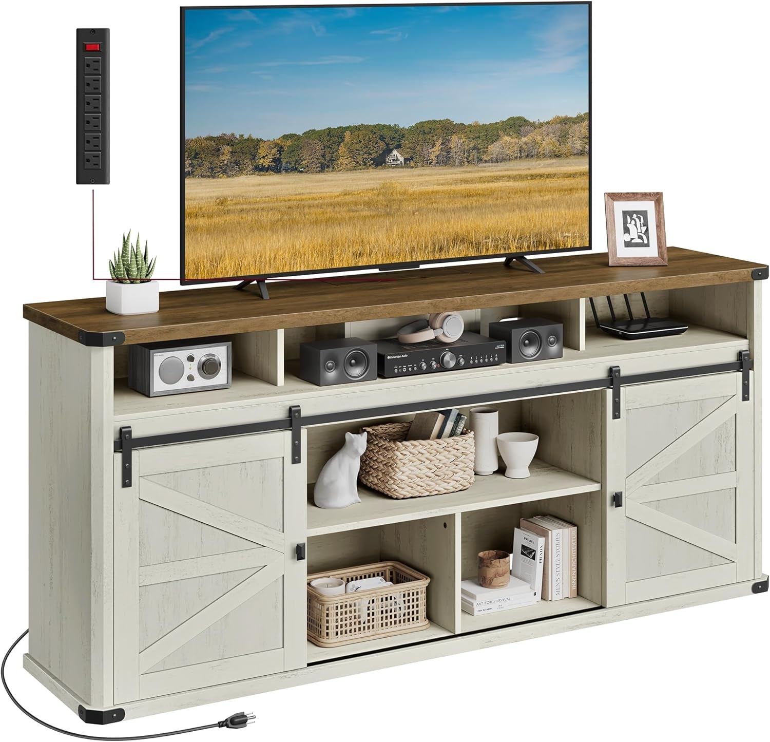 TV Stand for Tvs up to 75 Inches, Farmhouse Entertainment Center with Sliding Barn Doors, Console Table for Living Room, Rustic White and Honey Brown ULTV323W02