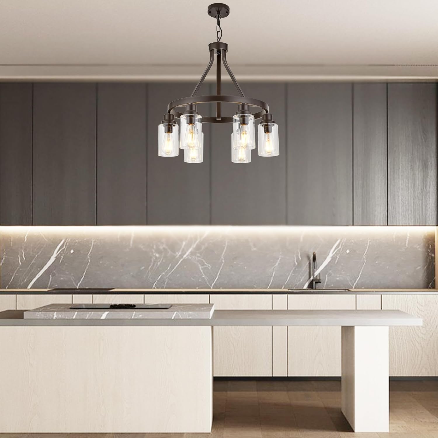 Oil Rubbed Bronze Dining Room Lighting Fixture Hanging Farmhouse Chandelier 6 Light Kitchen Island Lighting with Glass Shade