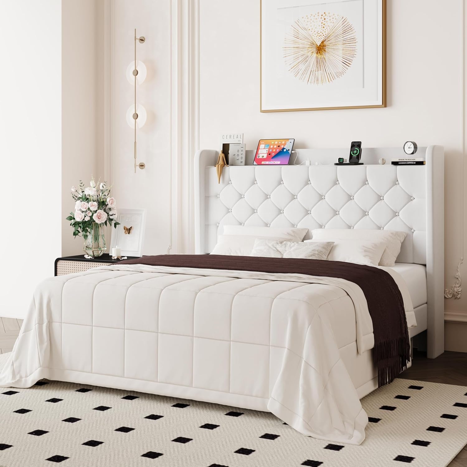 Queen Size Bed Frame, Storage Headboard with Charging Station, Wingback Velvet Upholstered, Diamond Stitched Button Tufted, Sturdy Wooden Slats, No Box Spring Needed, Easy Assembly, White