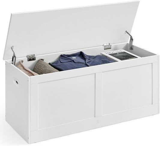 Storage Chest, Storage Trunk with 2 Safety Hinges, Storage Bench, Shoe Bench, Farmhouse Style, 15.7 X 39.4 X 18.3 Inches, for Entryway, Bedroom, Living Room, Cloud White ULSB164W01