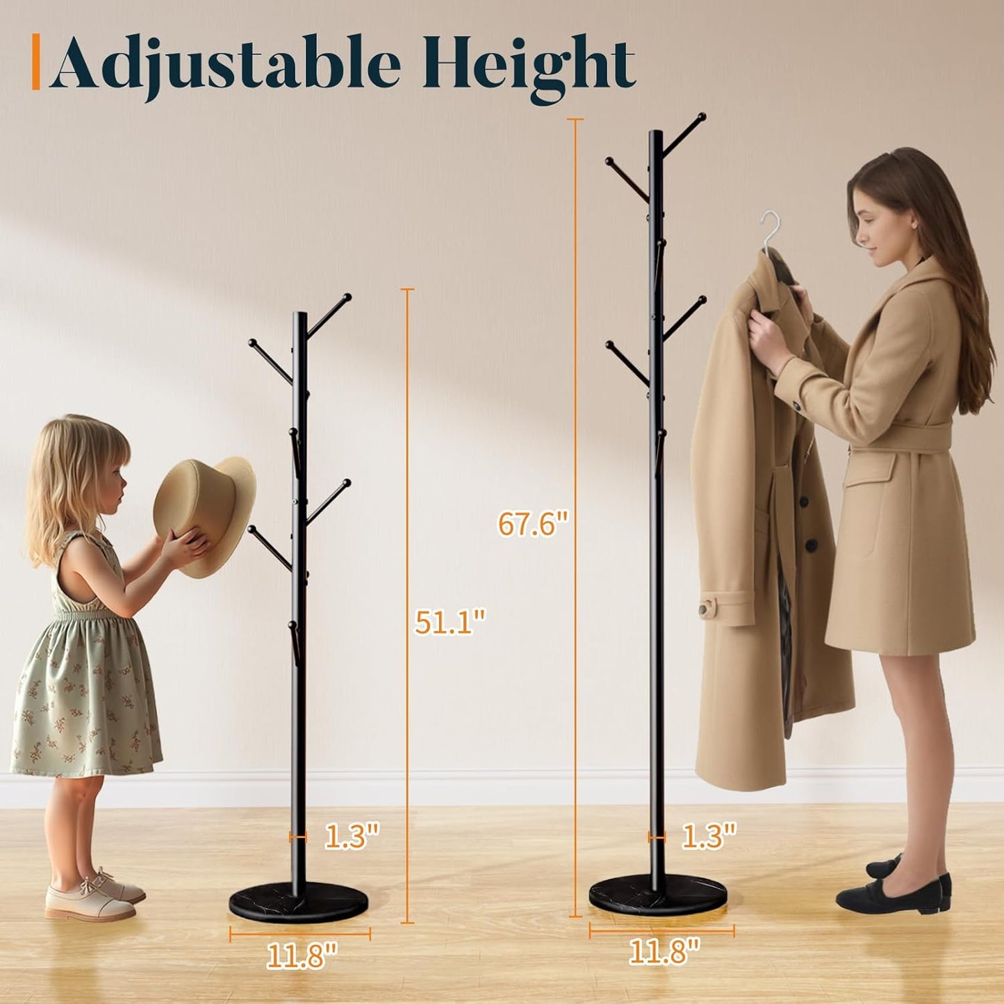 Coat Rack Freestanding with Natural Marble Base - Coat Tree with 8 Hooks Heavy Duty Coat Hanger Stand, Metal Coat Rack Stand for Jacket, Hat, Clothes & Bag, Hall Tree Hat Rack for Entryway