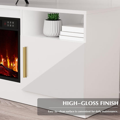 Fireplace Tv Stand with 36 Inch Fireplace up to 80" Tvs,Led Light Entertainment Center and Storage, 70" Modern Wood Media TV Console with Highlight Cabinet for Living Room (White)