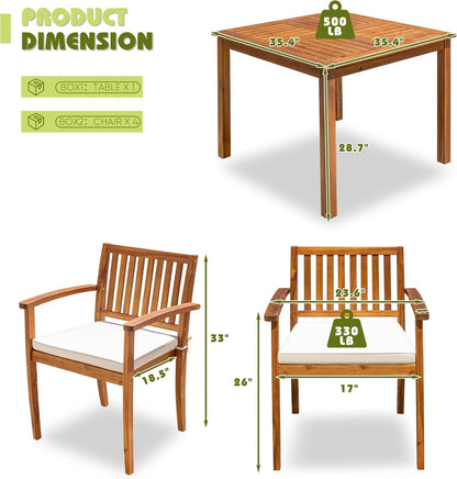 5 Piece Outdoor Dining Set Acacia Wood Patio Table and Chairs with Soft Cushions Patio Furniture for Deck, Backyard, Garden
