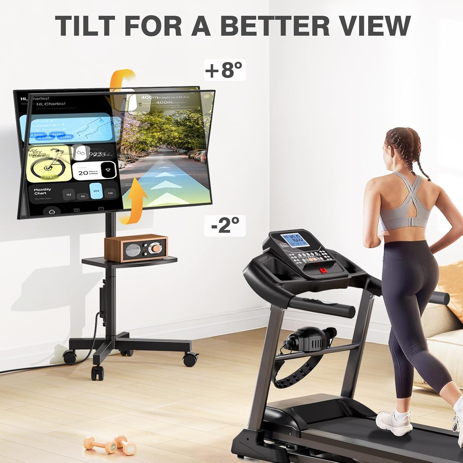 Mobile TV Stand with Power Outlet, Tilt Rolling TV Cart for 23-65 Inch LCD LED OLED Flat Curved Screen Tvs up to 88 Lbs, Height Adjustment Portable TV Stand on Wheels, Max VESA 400X400Mm
