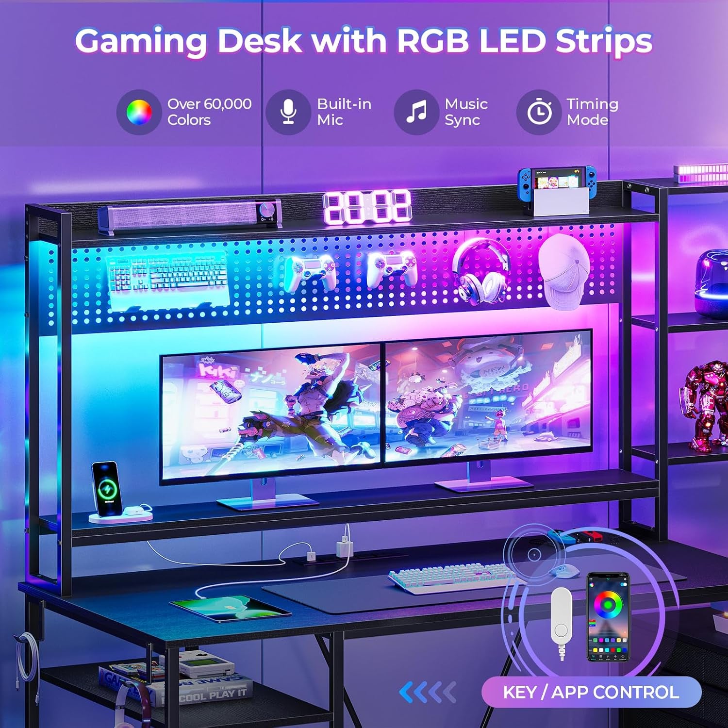 Gaming Desk with Hutch, 65In Reversible Computer Desk with Power Outlets LED Light, Home Office Desk with Monitor Stand 2 Drawers 4 Storage Shelves Pegboard 8 Hooks Mouse Pad (Black)