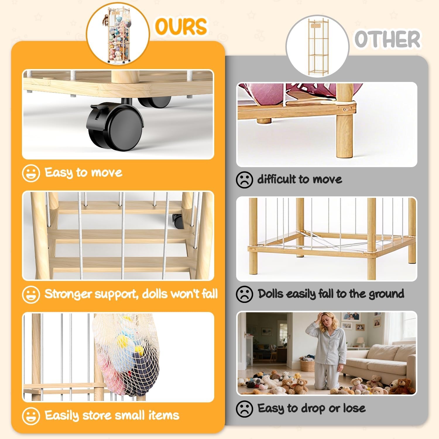 Stuffed Animal Storage & Holder, Natural Pine Wood Plushies Storage with Wheels, Large Capacity Stuffed Animal Zoo with Building Block Bag, Space save Toy Organizer for Nursery Playroom & Bedroom